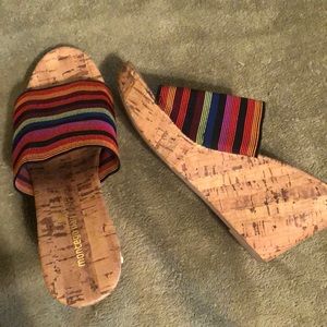 Montego bay club chunky 4 inch cork heel/wedge sandal. Stretchy, colorful strap